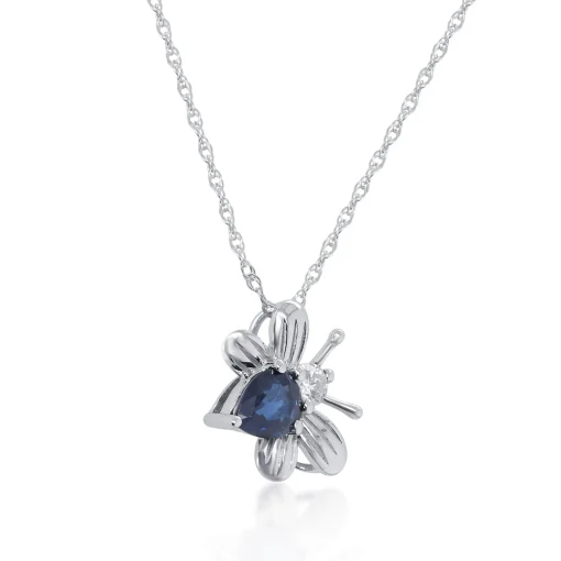 Pear-Shaped Blue Sapphire & Diamond Bee Pendant In 10K White Gold
