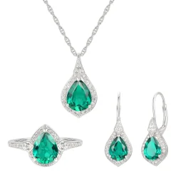 Pear-Shaped Lab Created Emerald Earring, Pendant & Ring Set In Sterling Silver