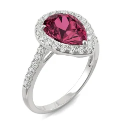 Pear-Shaped Lab Created Ruby & Moissanite Halo Ring In 14K White Gold