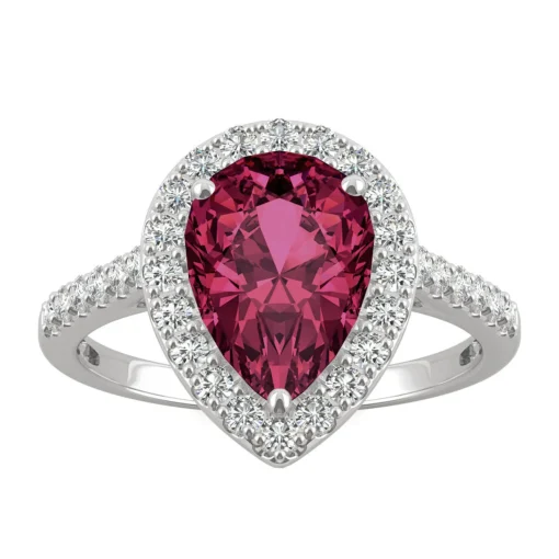 Pear-Shaped Lab Created Ruby & Moissanite Halo Ring In 14K White Gold