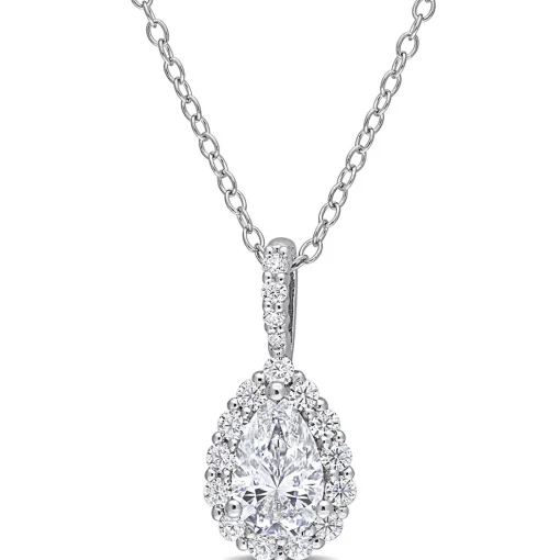Pear-Shaped Moissanite Pendant With Halo In Sterling Silver (1 1/3 Ct. Tw.)