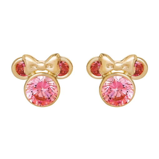 Pink Cubic Zirconia Minnie Mouse Earrings In 14K Yellow Gold