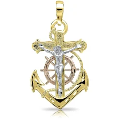 Polished Tricolor Crucifix & Anchor In 14K Gold