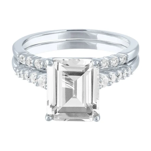Promise Ring Set With Emerald-Cut Lab Created White Sapphire In Sterling Silver