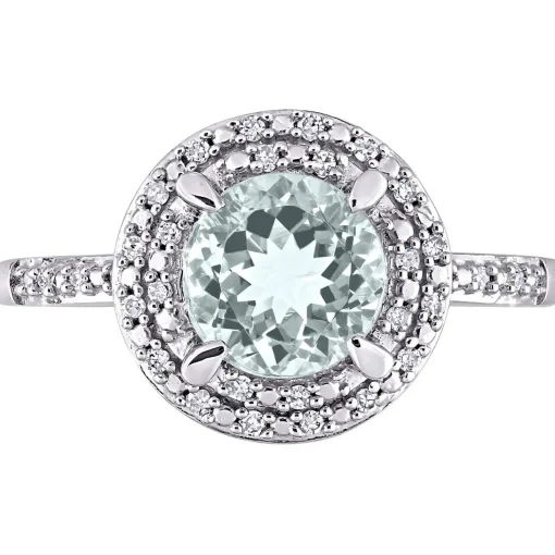 Round Halo Aquamarine & Diamond Ring In 10K White Gold (1/10 Ct. Tw.)