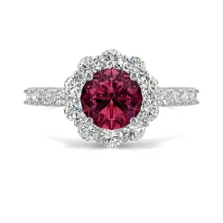 Round Lab Created Ruby & Moissanite Halo Ring In 14K White Gold