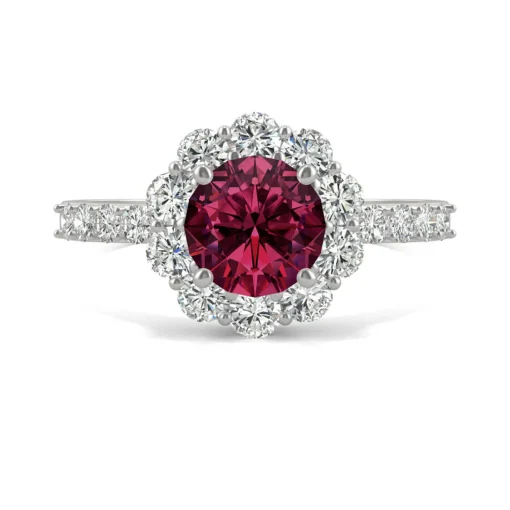 Round Lab Created Ruby & Moissanite Halo Ring In 14K White Gold
