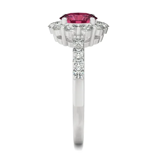 Round Lab Created Ruby & Moissanite Halo Ring In 14K White Gold