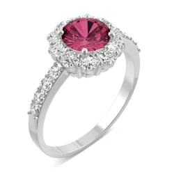 Round Lab Created Ruby & Moissanite Halo Ring In 14K White Gold