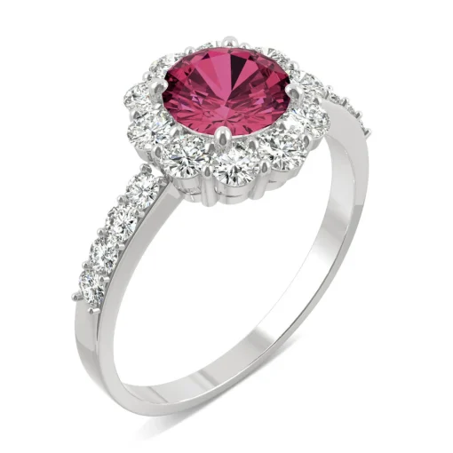 Round Lab Created Ruby & Moissanite Halo Ring In 14K White Gold