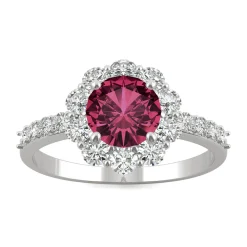 Round Lab Created Ruby & Moissanite Halo Ring In 14K White Gold