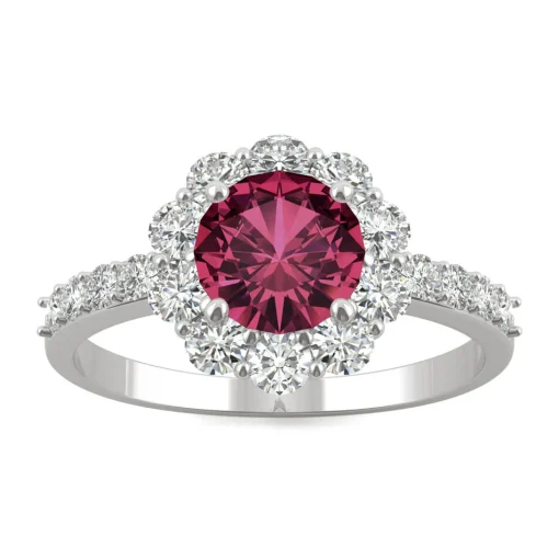 Round Lab Created Ruby & Moissanite Halo Ring In 14K White Gold