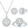 Round Lab Created White Sapphire Halo Earring, Pendant & Ring Set In Sterling Silver