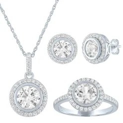 Round Lab Created White Sapphire Halo Earring, Pendant & Ring Set In Sterling Silver