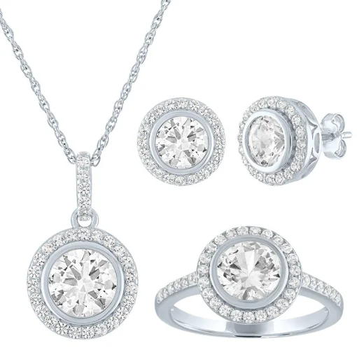 Round Lab Created White Sapphire Halo Earring, Pendant & Ring Set In Sterling Silver