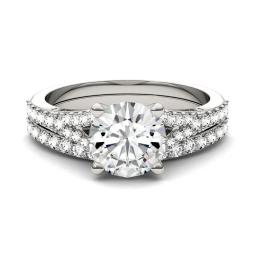 Round Moissanite Ring Set With Split-Shank Band In 14K White Gold (2 1/8 Ct. Tw.)