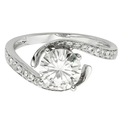 Round Moissanite Ring With Bypass Band In 14K White Gold (1 3/4 Ct. Tw.)