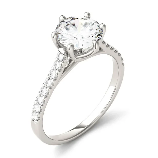 Round Moissanite Ring With Pave Band In 14K White Gold (1 3/4 Ct. Tw.)