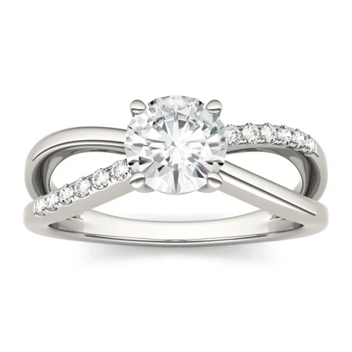 Round Moissanite Ring With Crisscross Band In 14K White Gold (1 1/8 Ct. Tw.)