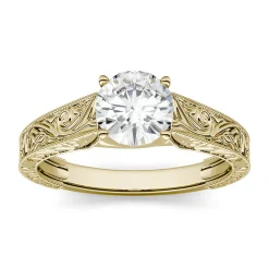 Round Moissanite Ring With Filigree Band In 14K Yellow Gold (1 Ct.)