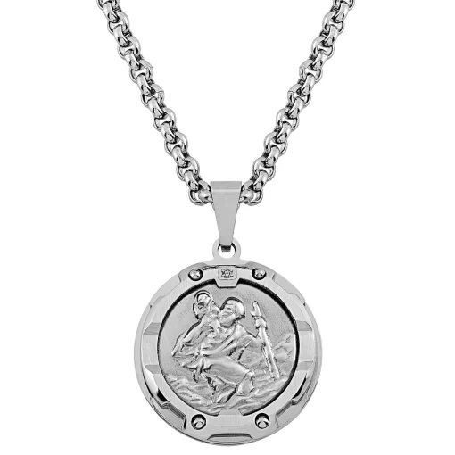 Saint Christopher Pendant With Diamond Accent In Stainless Steel, 24"
