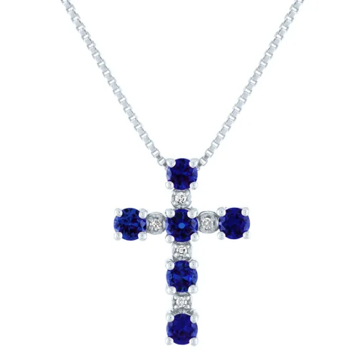 Sapphire & Diamond Cross Pendant In 10K White Gold