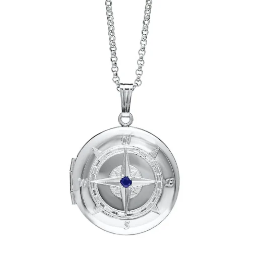 Sapphire Compass Locket Pendant In Sterling Silver