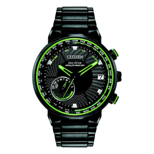 Satellite Wave Gps Freedom Green Men's Watch In Black Ion-Plated Stainless Steel