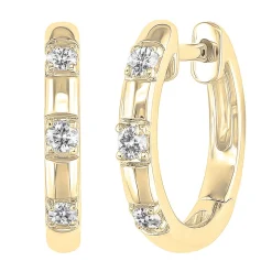 Small Diamond Hoop Earrings With Three-Stone Design In 10K Yellow Gold (1/10 Ct. Tw.)