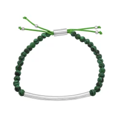 Sterling Silver Bar And Malachite Bead Bracelet With Adjustable Cord, 8.5"