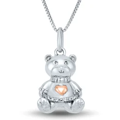 Teddy Bear Pendant With Diamond Accents In Sterling Silver & 14K Rose Gold