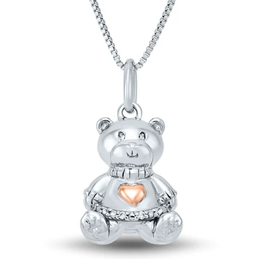 Teddy Bear Pendant With Diamond Accents In Sterling Silver & 14K Rose Gold