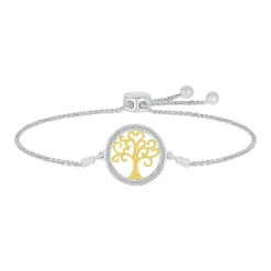 Tree Of Life Bolo Bracelet With Diamonds In Sterling Silver & 10K Yellow Gold (1/8 Ct. Tw.)