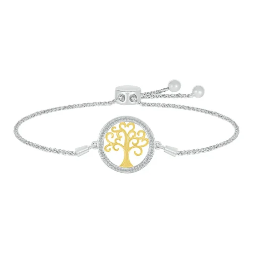 Tree Of Life Bolo Bracelet With Diamonds In Sterling Silver & 10K Yellow Gold (1/8 Ct. Tw.)