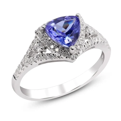 Trillion Tanzanite Ring With Diamonds In 14K White Gold (1/4 Ct. Tw.)