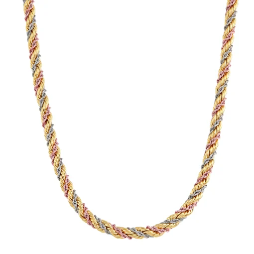 Tri-Tone Twisted Rope Chain In 10K White, Rose And Yellow Gold