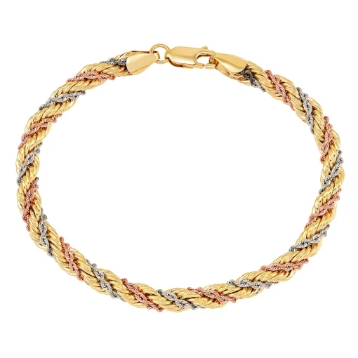 Tri-Tone Twisted Rope Chain Bracelet In 10K White, Rose And Yellow Gold