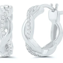 Twisted Hoop Earrings With Diamond Accents In Sterling Silver